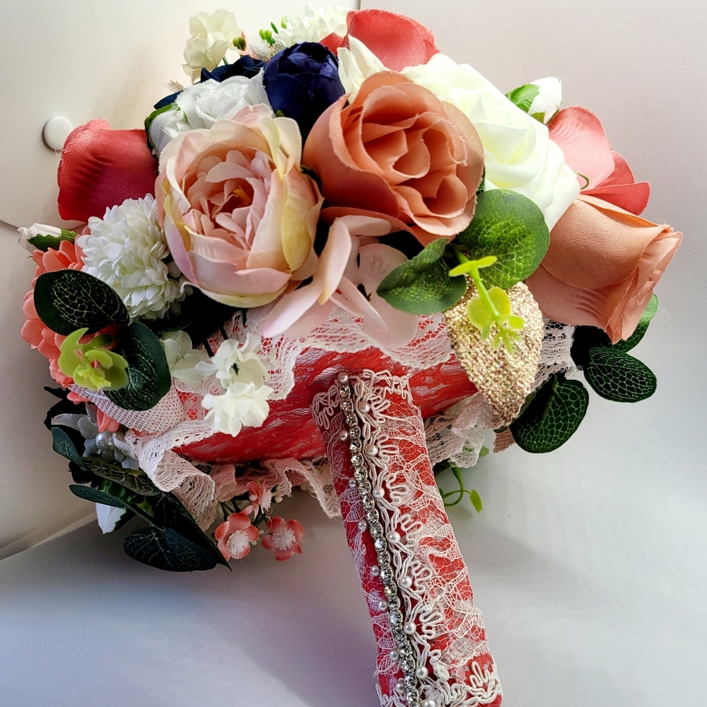 16 pc Wedding Bouqets Navy,Coral,Blush,Rose Gold,Off white.